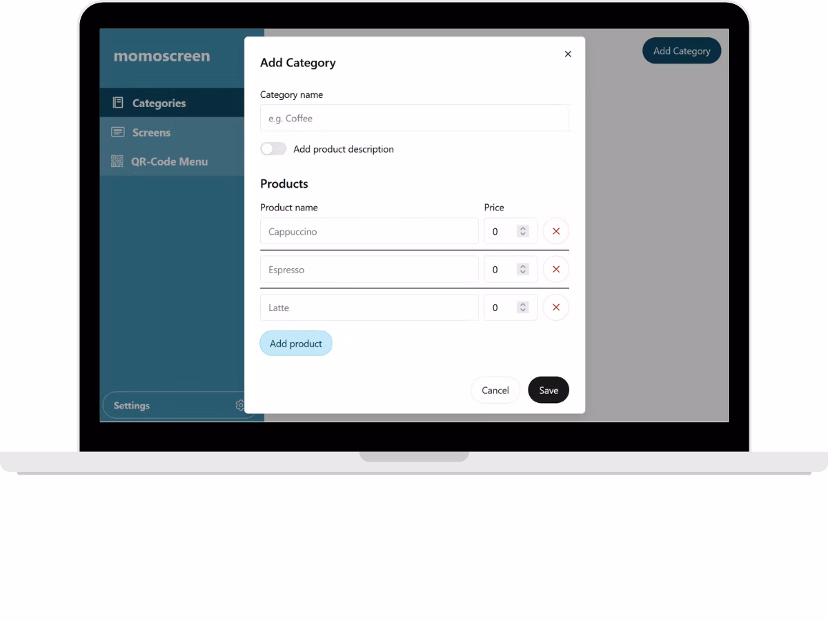 Add Categories at momoscreen