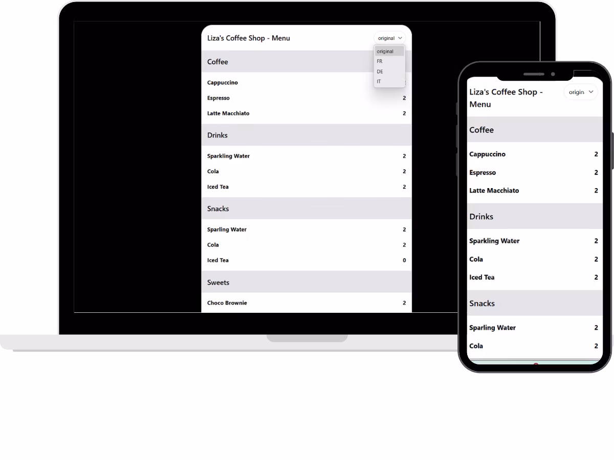 QR Code Menu on various devices, in different languages by momoscreen.